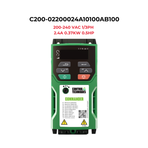 C200-02200024A10100AB100.png C200-02200024A10100AB100 Commander Inverter 1/3PH 200-240 VAC 2.4A 0.37KW 0.5HP