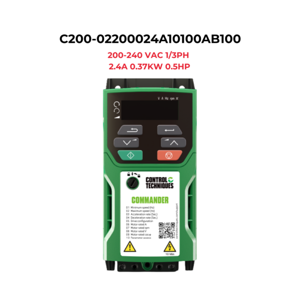 C200-02200024A10100AB100.png C200-02200024A10100AB100 Commander Inverter 1/3PH 200-240 VAC 2.4A 0.37KW 0.5HP