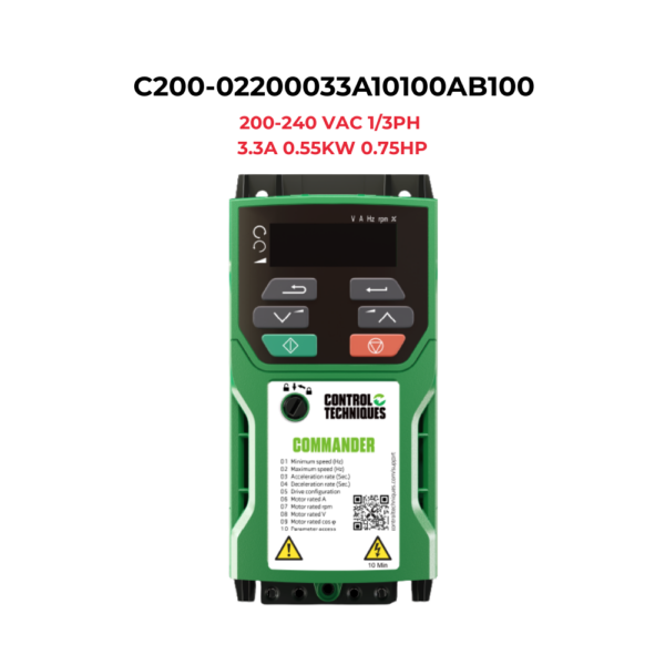 C200-02200033A10100AB100.png C200-02200033A10100AB100 Commander Inverter 1/3PH 200-240 VAC 3.3A 0.55KW 0.75HP