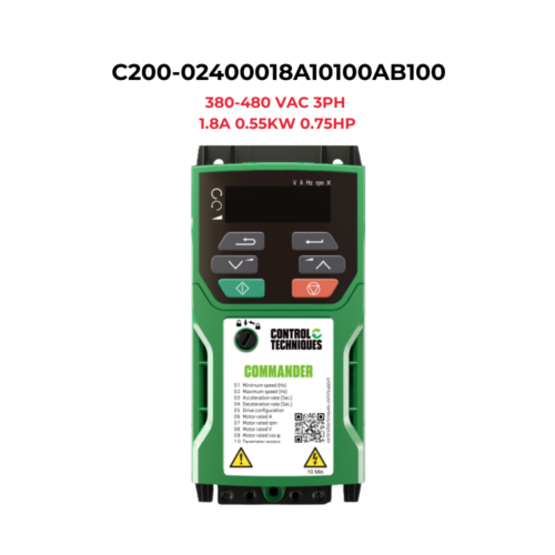 C200-02400018A10100AB100.png C200-02400018A10100AB100 Commander Inverter 3PH 380-480 VAC 1.8A 0.55KW 0.75HP