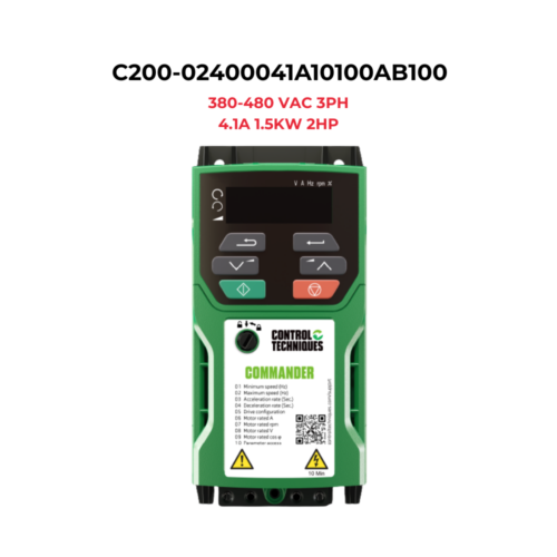 C200-02400041A10100AB100.png C200-02400041A10100AB100 Commander Inverter 3PH 380-480 VAC 4.1A 1.5KW 2HP